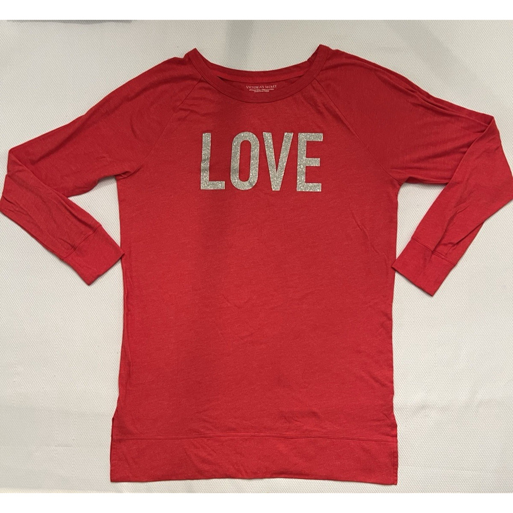 VICTORIAS SECRET- LOVE Glitter Long Sleeve Sleep Shirt Angel SOFT Luxury Red Med